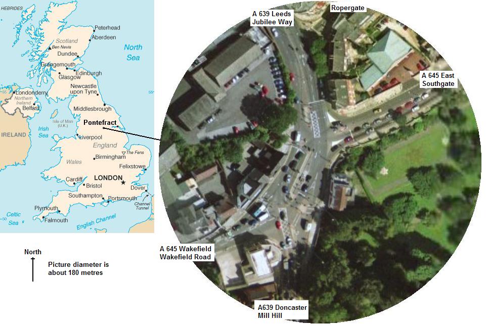 Location of Pontefract, West Yorksand Arial view of Town End.